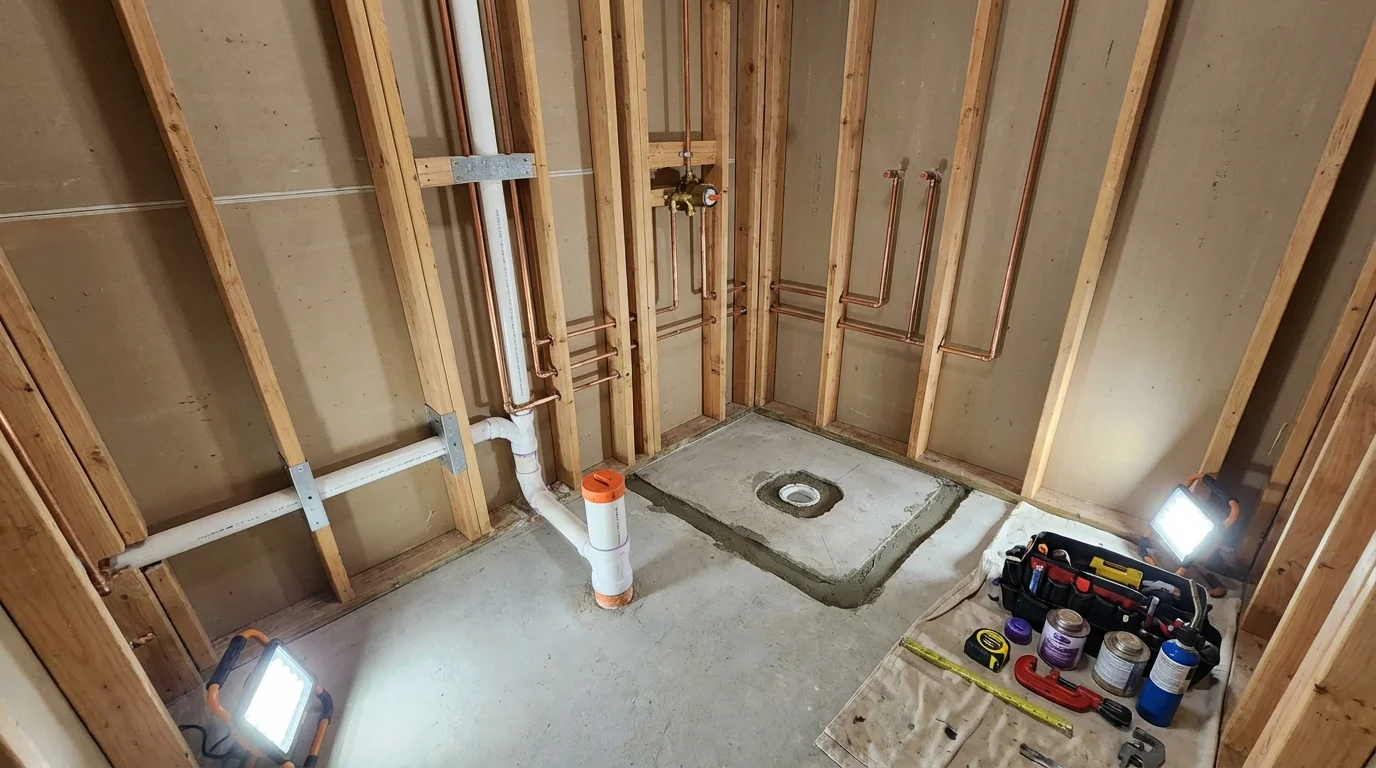 Bathroom rough-in plumbing during remodel by Johns Plumbing LLC in Bryn Athyn