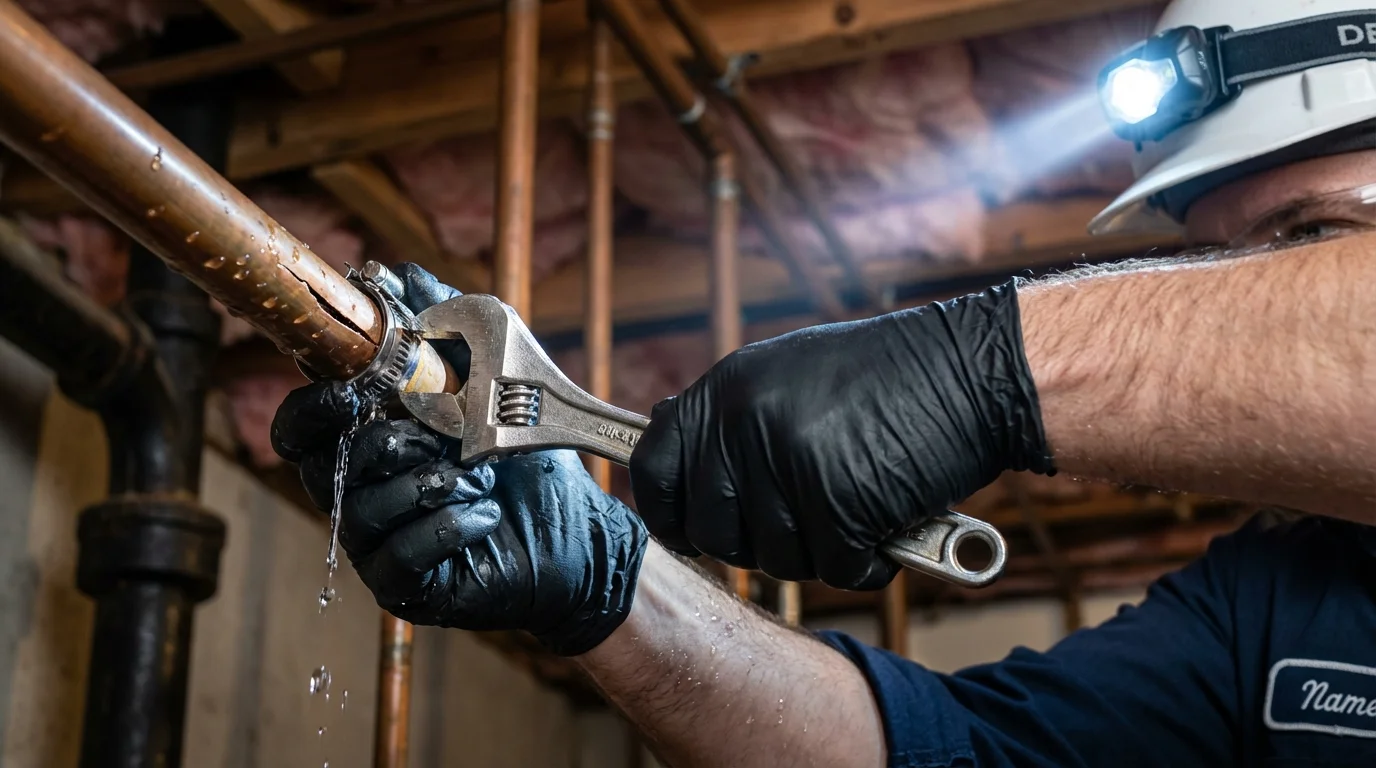 Emergency pipe clamp repair being performed by a Johns Plumbing LLC plumber in Bryn Athyn