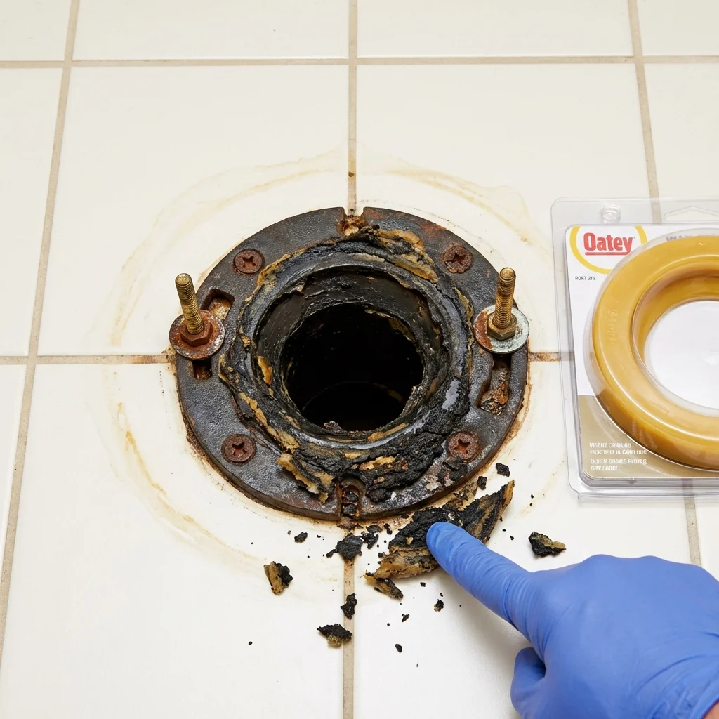 Failed wax ring showing water seepage at the base of a toilet in a Bryn Athyn, PA home
