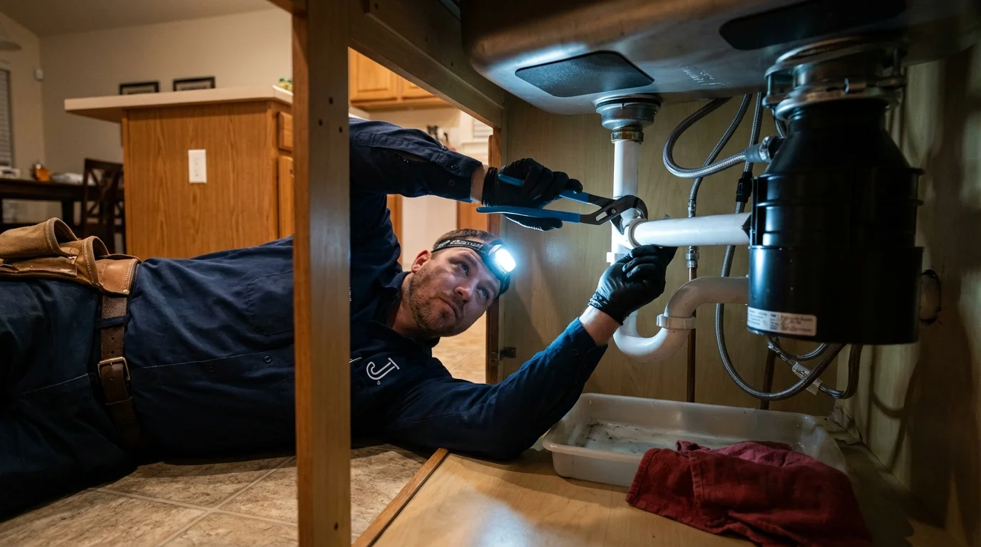 P-trap and supply line connections under a kitchen sink showing a common leak point in Bryn Athyn, PA